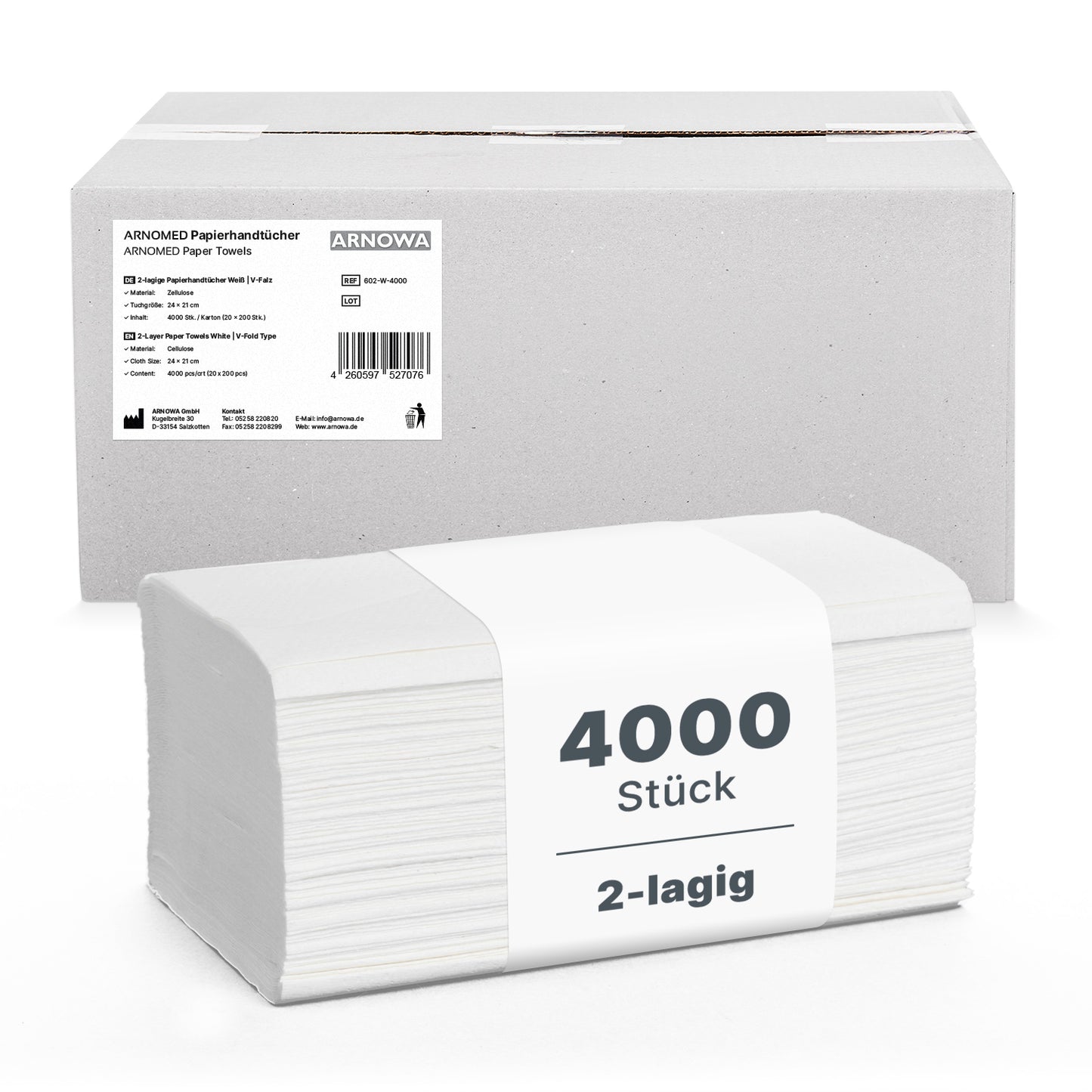 En hög vita ARNOMED PAPPERHANDDUKAR 25 x 23 cm | V-FALZ, märkta med "4000 stycken, 2-lagers", ligger framför en enkel kartong från ARNOWA GmbH - perfekt för tvättrum.