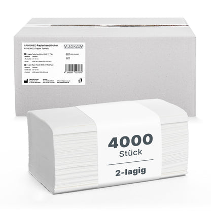 En hög vita ARNOMED PAPPERHANDDUKAR 25 x 23 cm | V-FALZ, märkta med "4000 stycken, 2-lagers", ligger framför en enkel kartong från ARNOWA GmbH - perfekt för tvättrum.
