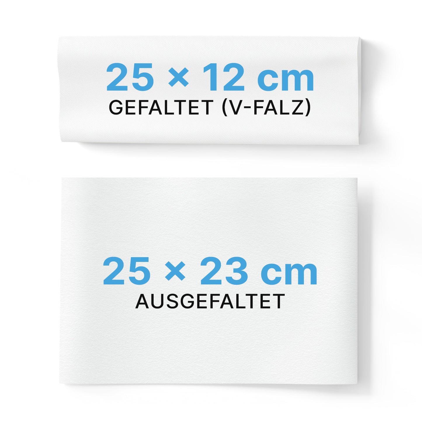 Två vita ARNOMED papperhanddukar 25 x 23 cm | V-Falz från ARNOWA GmbH: den övre är vikt och märkt med "25 x 12 cm VIKT (V-FALZ)", den undre är ovikt och märkt med "25 x 23 cm OVIKT", båda i svart och blå text.