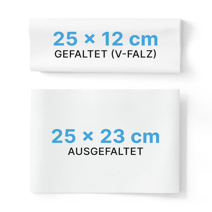 Två vita ARNOMED papperhanddukar 25 x 23 cm | V-Falz från ARNOWA GmbH: den övre är vikt och märkt med "25 x 12 cm VIKT (V-FALZ)", den undre är ovikt och märkt med "25 x 23 cm OVIKT", båda i svart och blå text.
