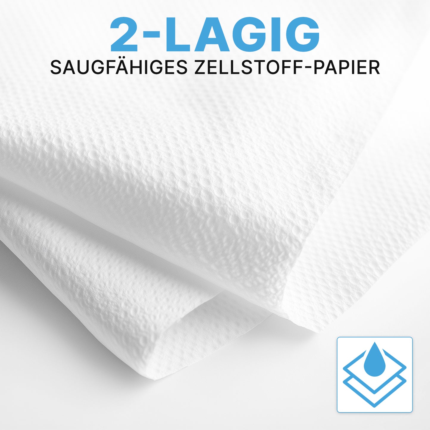Två ark ARNOMED PAPPERHANDDUKAR 25 x 23 cm | V-FALZ från ARNOWA GmbH visar sin absorberande, 2-lagers cellulosatextur - idealiska för tvättrum. Bilden visar en blå ikon av staplade ark med en vattendroppe.