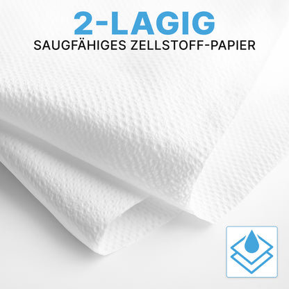 Två ark ARNOMED PAPPERHANDDUKAR 25 x 23 cm | V-FALZ från ARNOWA GmbH visar sin absorberande, 2-lagers cellulosatextur - idealiska för tvättrum. Bilden visar en blå ikon av staplade ark med en vattendroppe.