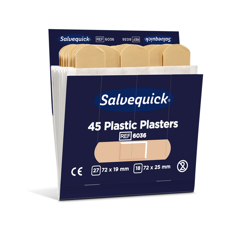 I en delvis öppen Orkla Wound Care AB plastplåster 45 stycken/återfyllning (6 stycken) finns 27 plåster på 72x19mm och 18 på 72x25mm, som möjliggör en bekväm sårvård.