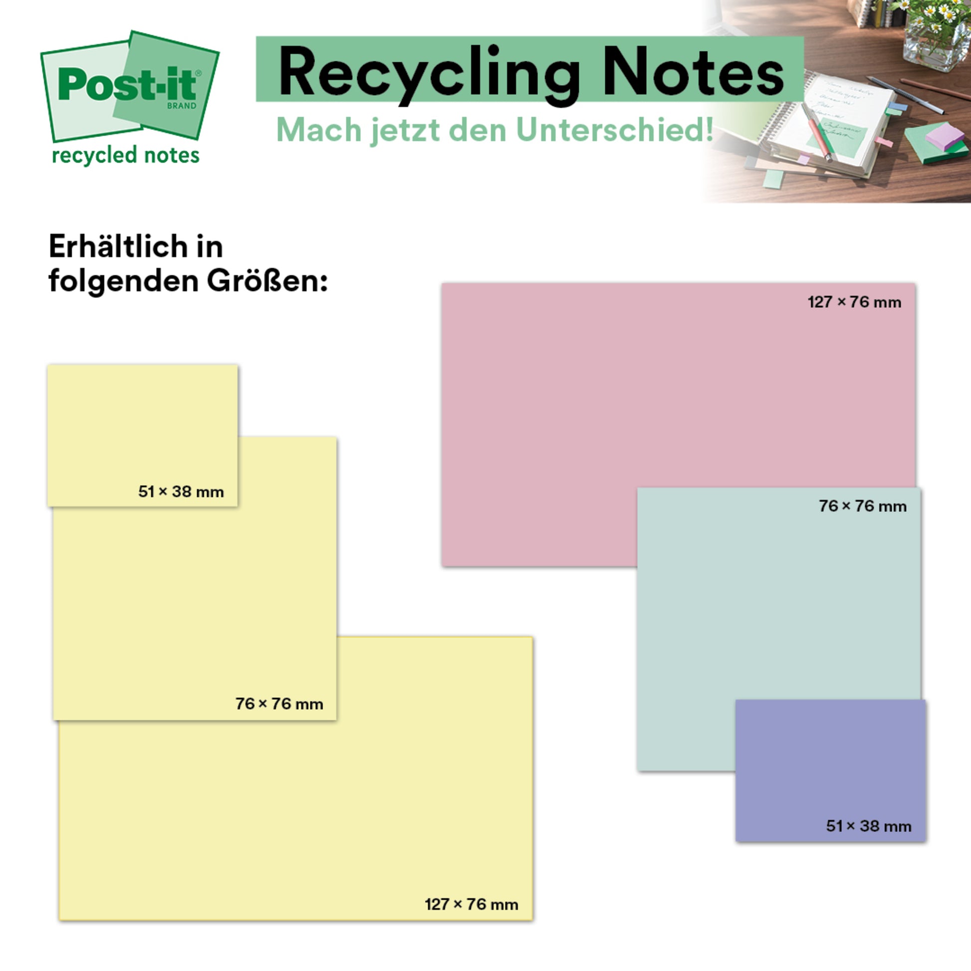 Eine Grafik zeigt 3M Deutschland GmbH Post-it® Recycling Notes, 76 mm x 76 mm, Promotion, 100 Blatt/Block, 100% PEFC; deutscher Text beschreibt verfügbare Größen und Farben.
