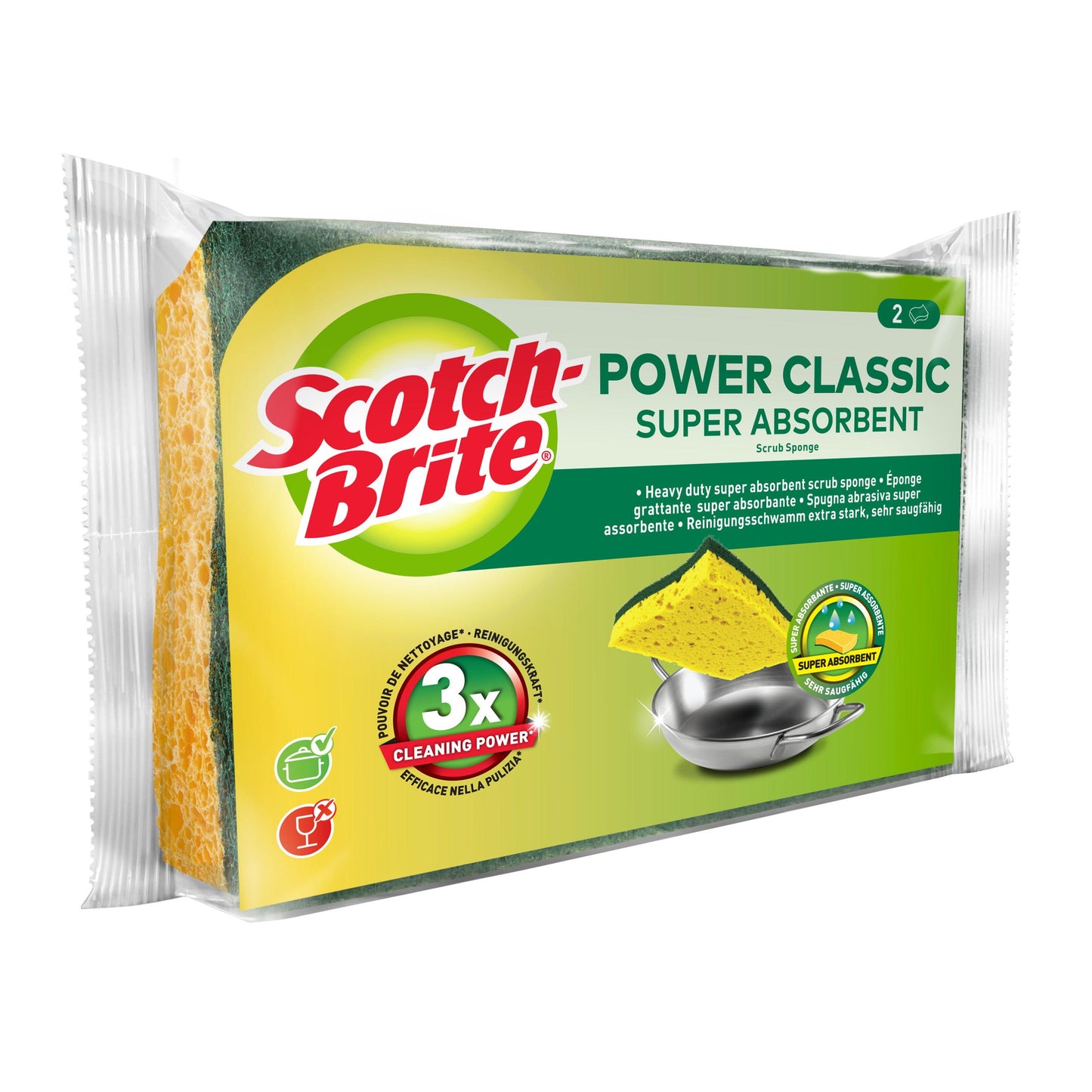 Eine Packung Scotch-Brite® Classic Reinigungsschwamm der 3M Deutschland GmbH zeigt zwei gelb-grüne Schwämme mit der Aufschrift "3x Reinigungskraft" auf der Verpackung und der Abbildung eines zu reinigenden Metalltopfes.