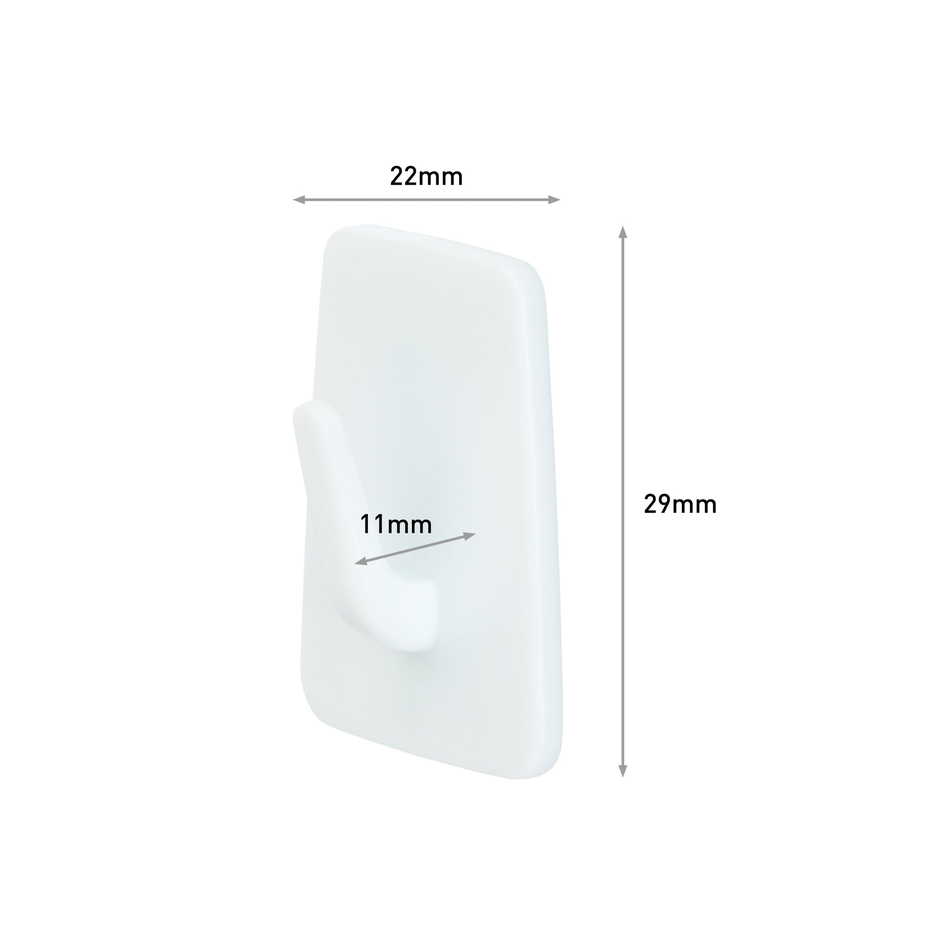 Die Abbildung zeigt einen Command™ Mini-Haken, 17066 (1 Stück) von 3M Deutschland GmbH. Dieser weiße Kunststoff-Wandhaken hat eine rechteckige Basis, ist 22 mm breit und 29 mm hoch, wobei der Haken 11 mm herausragt. Der Hintergrund ist einfarbig weiß.