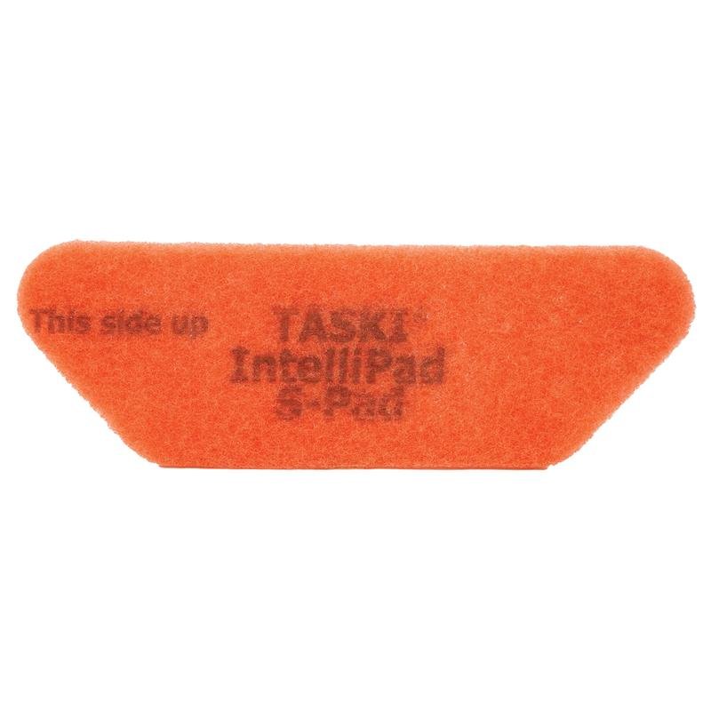 En lysande orange, rektangulär TASKI Intellipad S-Pad rengörings- och poleringspad från Diversey Deutschland GmbH & Co. OHG med avfasade kanter och texten "This side up TASKI IntelliPad S-Pad", oanvänd fotograferad mot vit bakgrund. Förpackning (1 styck).