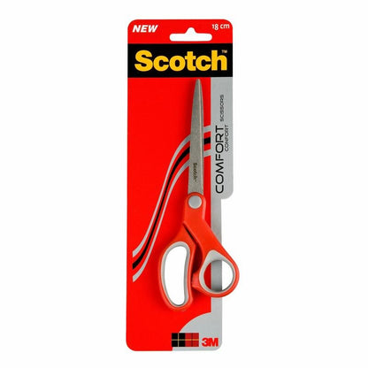 En Scotch™ Komfortsax från 3M Deutschland GmbH i rött, 18 cm, med plast- och kartongförpackning är avbildad vertikalt mot en röd-svart bakgrund.