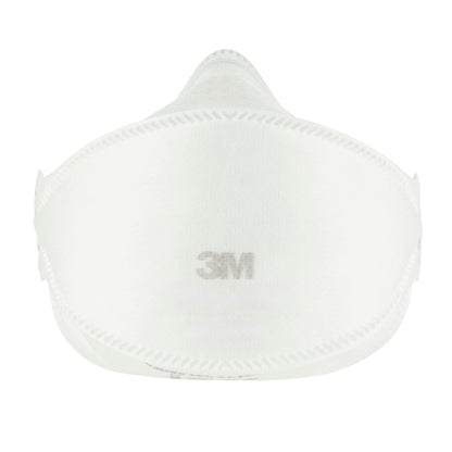 Die Vorderansicht der 3M™ Aura™ Komfort-Partikelmaske 9320+, FFP2, ohne Ventil (5er Packung) von 3M Deutschland GmbH zeigt das geschwungene Design, die abgesteppten Kanten und das zentrale 3M Logo.