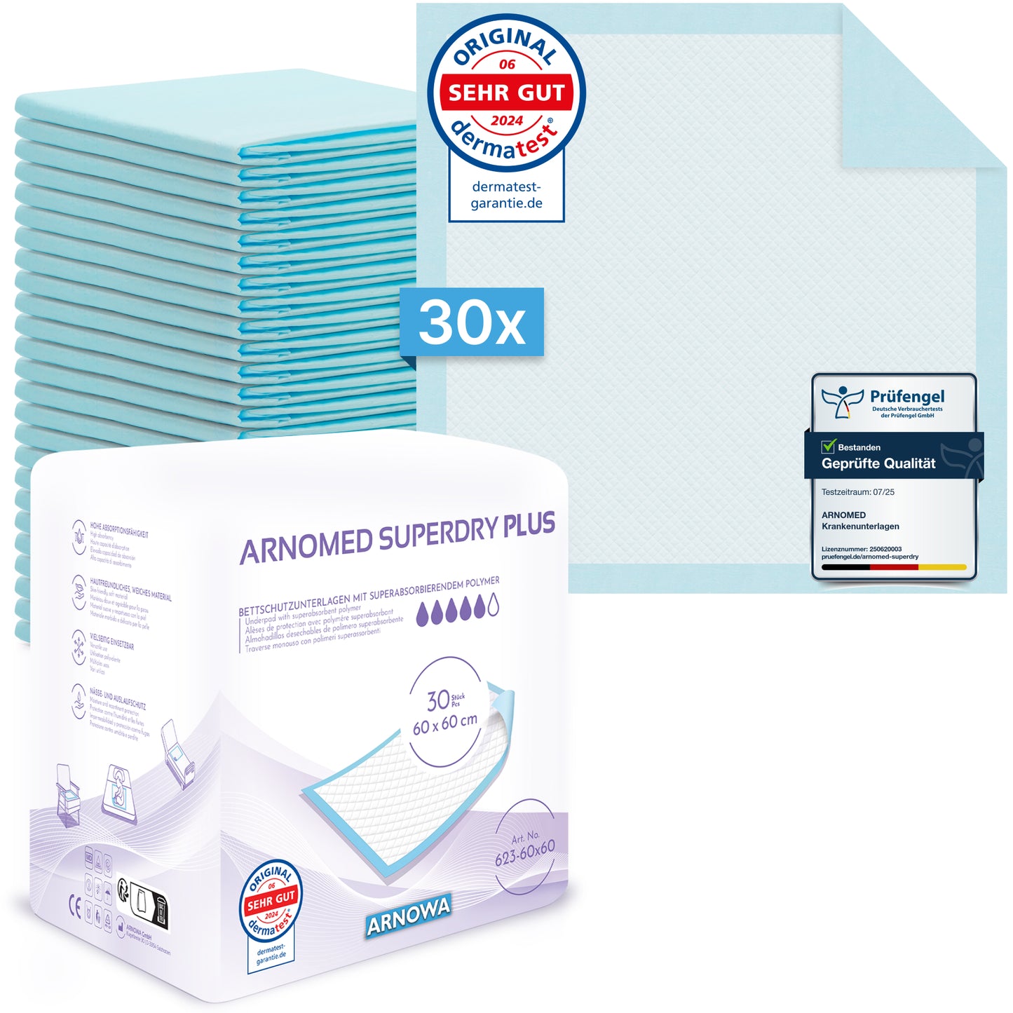 En hög med 30 blå ARNOMED SUPERDRY PLUS extra absorberande sjukvårdsunderlägg med SAP från ARNOWA GmbH, en utfälld. Certifieringsstämplar och superabsorbersymboler understryker deras pålitliga inkontinensvård.