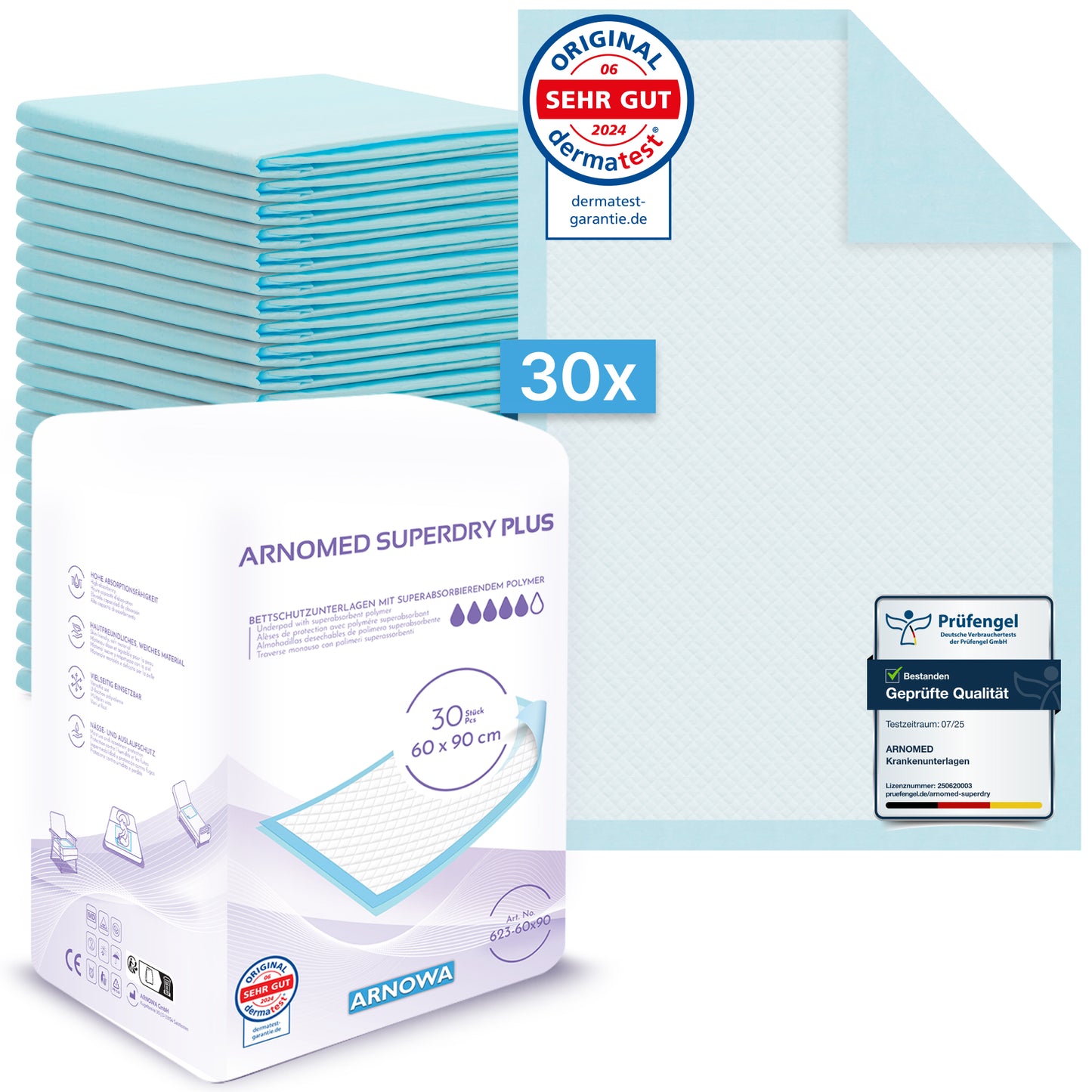 En förpackning med 30 ARNOMED SUPERDRY PLUS extra absorberande sänginlägg (ARNOWA GmbH), var och en 60x90 cm med SAP, ofällda och förseglade för dermatest och kvalitet visad. Superabsorberaren säkerställer en effektiv inkontinensvård.