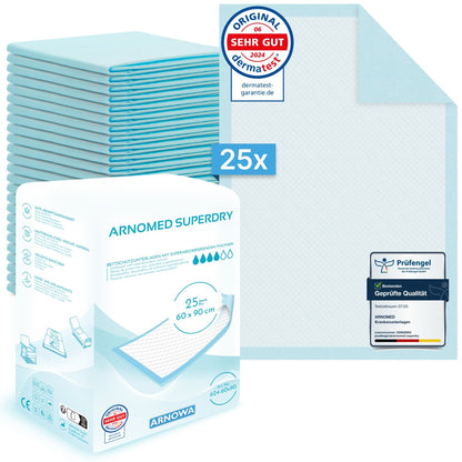 Abgebildet ist eine Packung ARNOMED SUPERDRY Saugfähige Krankenunterlage mit SAP von ARNOWA GmbH mit einem Stapel blauer und weißer Unterlagen, Unterlagenausschnitt, Etiketten für 25 Stück, Superabsorber Technologie, Zertifizierungen und Größe 60 x 90 cm.