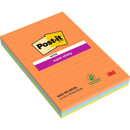 En förpackning med Post-it® Super Sticky Notes i stort format, Boost Collection, linjerad (101 x 152 mm), 3 block à 45 ark, 100% PEFC-certifierad (SGSCH-PEFC-COC-110078) från 3M Deutschland GmbH.