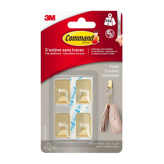 Command™-metallkrokar i storlek S i guldfärg (17032BR-4ES) från 3M Deutschland GmbH innehåller 4 krokar och 5 remsor för skadefri upphängning – perfekta för att hänga upp nyckelringar och annat.