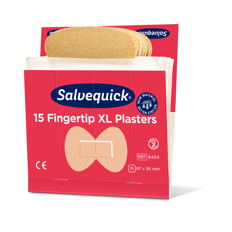 En öppnad ask med Orkla Wound Care AB XL Fingerspets Textilplåster, 15 stycken/min (förpackning med 6 stycken), visar beige fingerspetsplåster. Den röda asken har en storlek på 87 x 56 mm och framhäver den flexibla designen av textilplåstret.