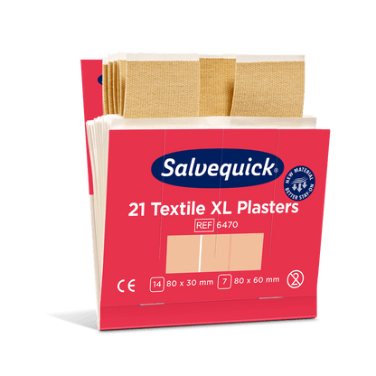 En låda Orkla Wound Care AB XL textilgips, 21 stycken/Mini (förpackning med 6 stycken), med beige textilplåster inuti. Förpackningen visar produktnamn, storlekar, CE-märke, vattenbeständighet och är idealisk för små skador.