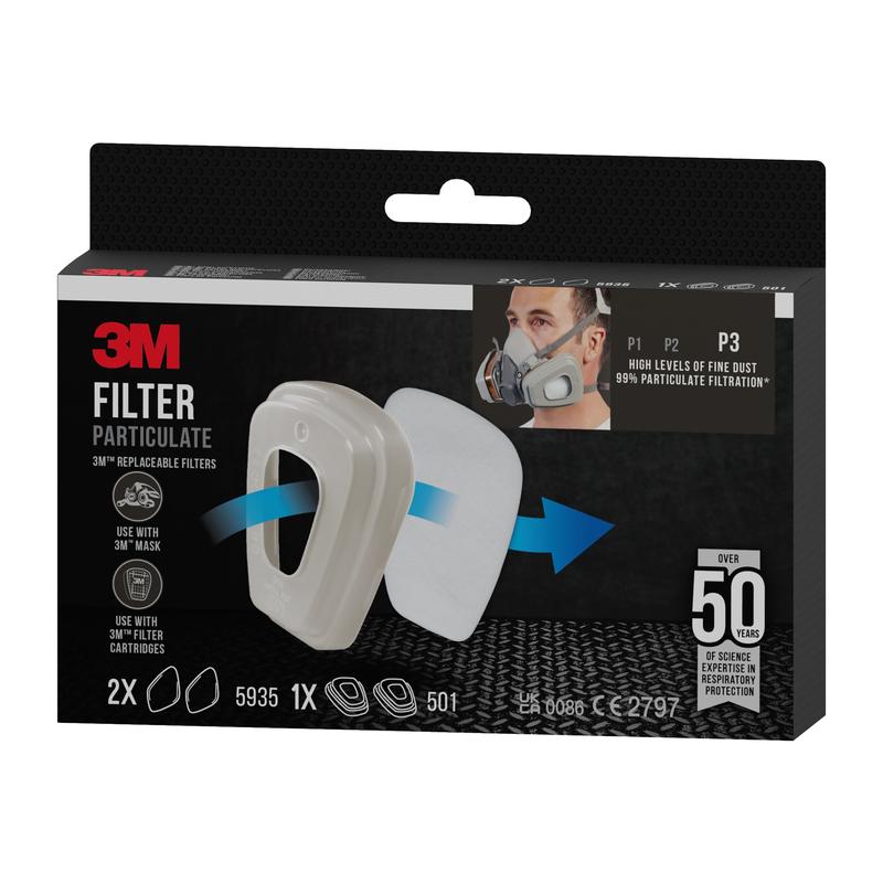 En förpackning 3M™ partikelfilter 5935, P3 (2 par) och filterhållare 501 (1 par) från 3M Deutschland GmbH, med P3-filtrering, kompatibilitet med 3M-masker och detaljerad förpackningsinformation.