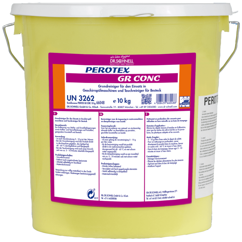 10 kg gul plastspann med DR.SCHNELL PEROTEX GR CONC, ett högalkaliskt diskmedel för kommersiella diskmaskiner, märkt på tyska med produktinformation och streckkod. Perfekt för storkök.