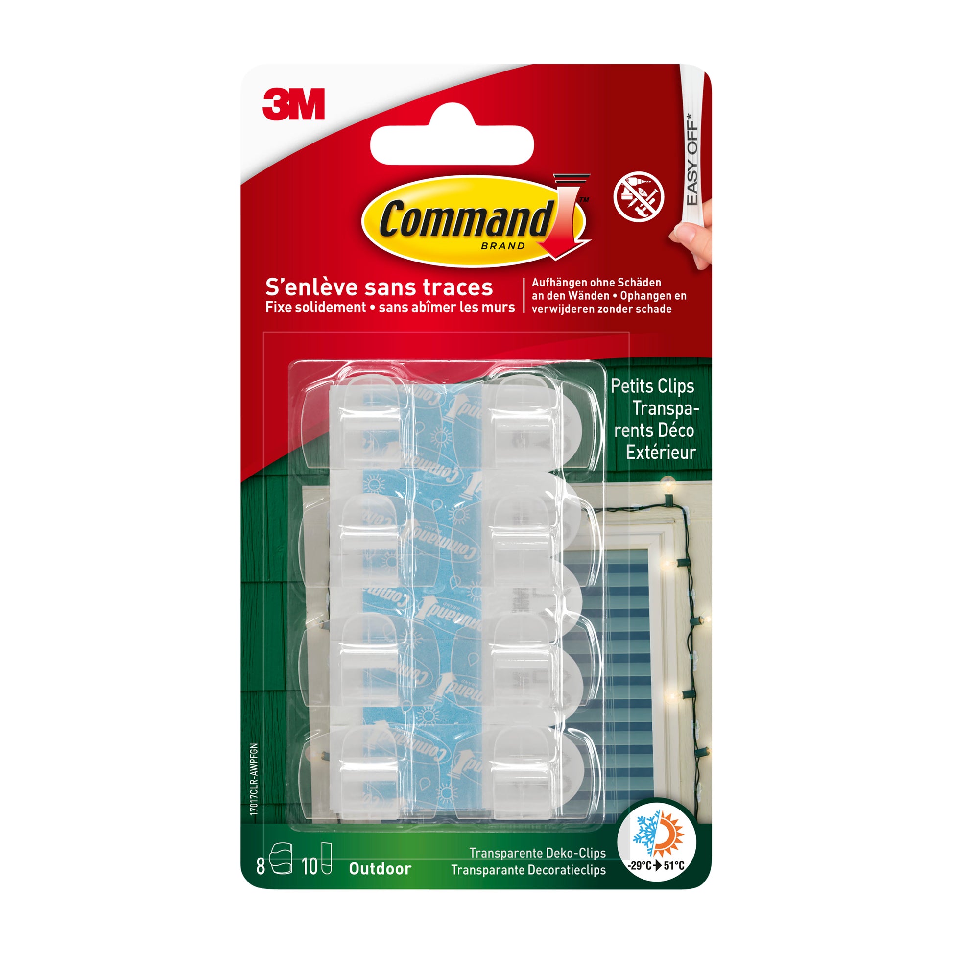 Die Command™ Outdoor Lichter-Clips (17017CLR-AWPU) von 3M Deutschland GmbH enthalten 8 Clips und 10 Klebestreifen in einer Packung. Die Verpackung zeigt die Farben Rot, Grün und Gelb mit englischem und französischem Text.