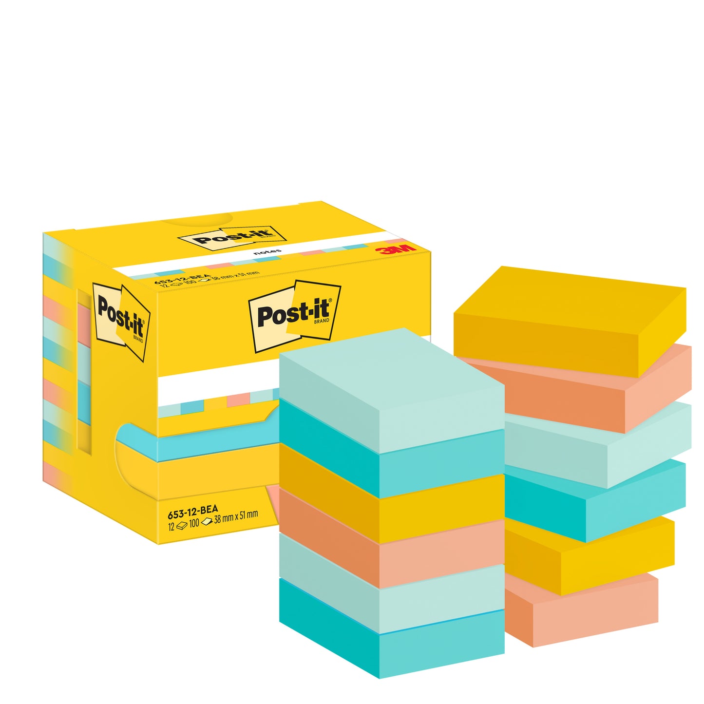 Eine gelbe Schachtel Post-it® Notes, Beachside Collection (38 mm x 51 mm, 100 Blatt/Block, 12 Blöcke/Packung), von 3M Deutschland GmbH ist mit pastellfarbenen, rechteckigen Zetteln abgebildet - alle aus 100% PEFC-zertifiziertem Papier.