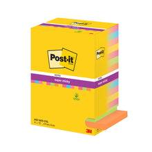 Eine Packung Post-it® Super Sticky Notes von 3M Deutschland GmbH, Verschiedene Farben, 76x127mm, 90 Blatt/Block, 16 Blöcke/Packung, 100% PEFC. Auf der Verpackung sind das Post-it-Logo und die Produktangaben abgebildet.