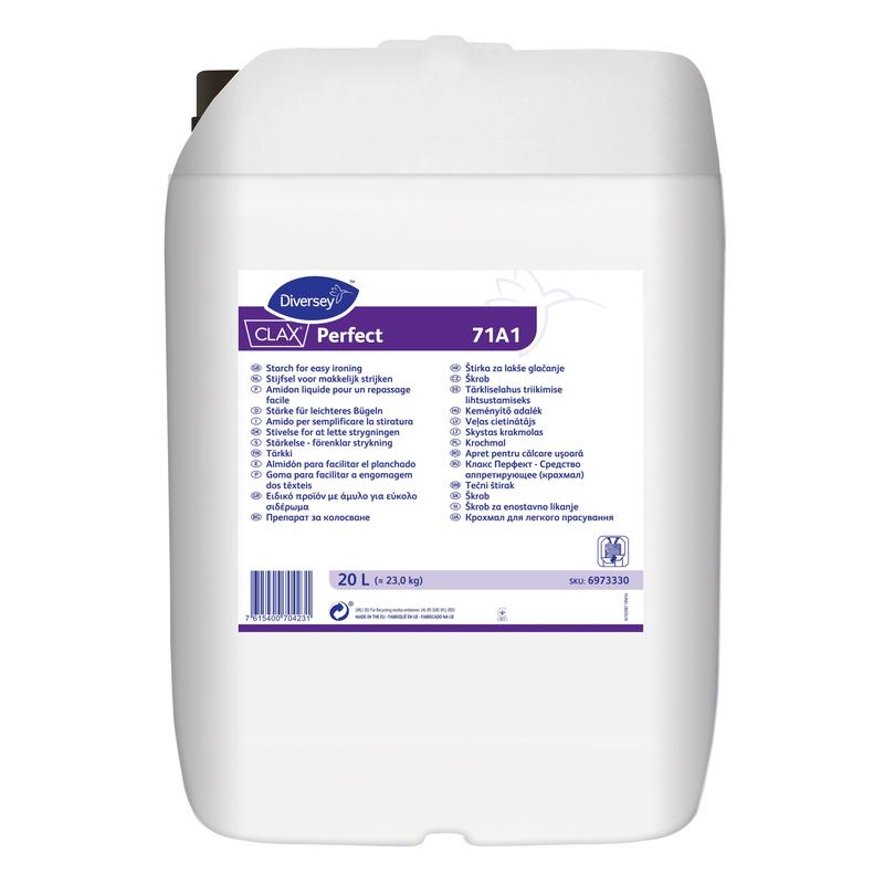 En vit 20-liters plastbehållare med texten "Diversey Deutschland GmbH & Co. OHG Clax Perfect 71A1, Naturlig flytande stärkelse". Idealisk för professionella textilrengöringar; etiketten innehåller information på flera språk och en streckkod.