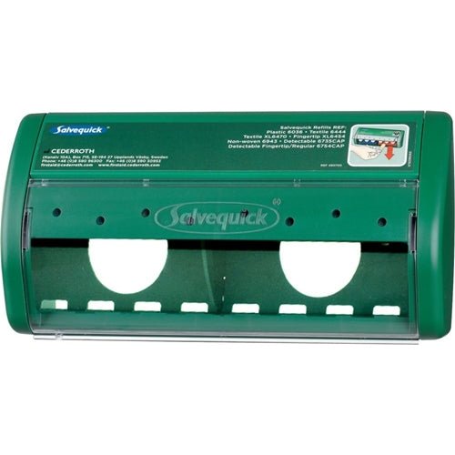 En grön Orkla Wound Care AB Salvequick plåsterdispenser, tom | Förpackning (1 styck), har två runda öppningar, ett transparent lock, tryckta instruktioner uppe till höger och en synlig branding på framsidan.