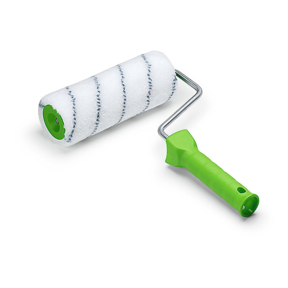 Nölle Profi Brush målarroller Nylon 18 cm, 13 mm lugg från Nölle Profi Brush Borst- & Penselteknik e.K. är idealisk för professionell målning. Den har en vit mantel med svarta ränder och ett grönt handtag - på vit botten.