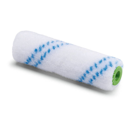 Nölle Profi Brush liten ytrulle nylon 10 cm, från Nölle Profi Brush borst- & penselteknik e.K., med blå ränder och grön plastkärna, är avbildad på vit bakgrund.