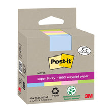 Ett paket 3M Post-it® Super Sticky Recycling Notes, 76x76 mm, 70 blad/block, av 100% PEFC-certifierat återvunnet papper, pastellfärger. Kampanj: köp 3, få 1 gratis. Med förnybart lim för starkt fäste.