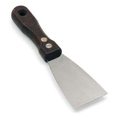 Die Nölle Profi Brush Profi-Malerspachtel Edelstahl-Rostfrei von Nölle Profi Brush Bürsten- & Pinseltechnik e.K. hat eine breite, flache Klinge aus rostfreiem Stahl und einen dunklen Holzgriff mit zwei Metallnieten, abgebildet auf weißem Grund.