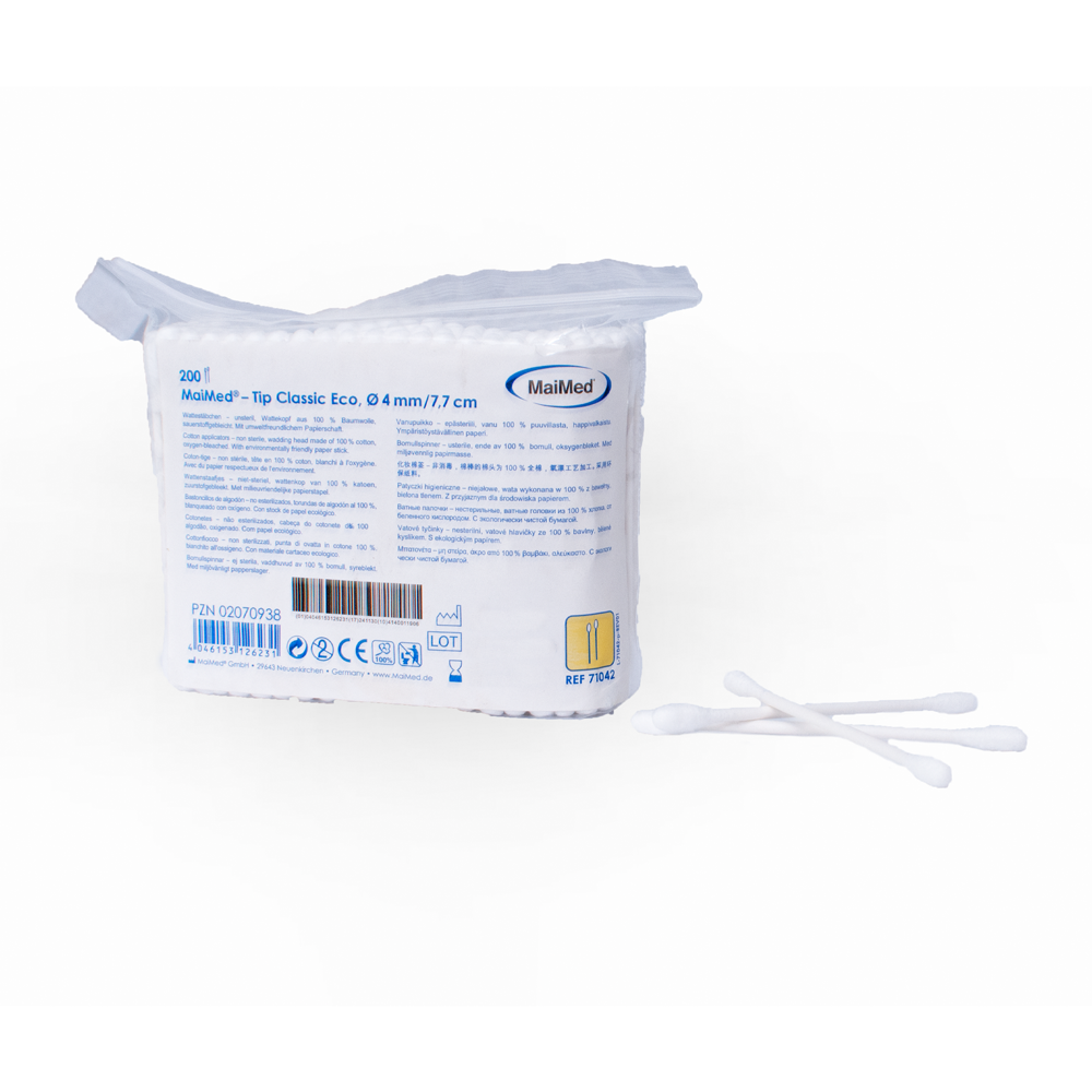 MaiMed -Tip Classic ECO (litet huvud) icke-sterila bomullspinne, kartongsticka, 200 st/påse | Förpackning (200 stycken)