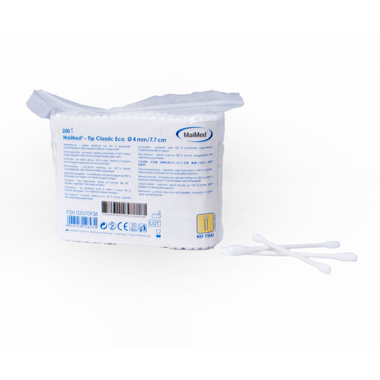 MaiMed -Tip Classic ECO (litet huvud) icke-sterila bomullspinne, kartongsticka, 200 st/påse | Förpackning (200 stycken)