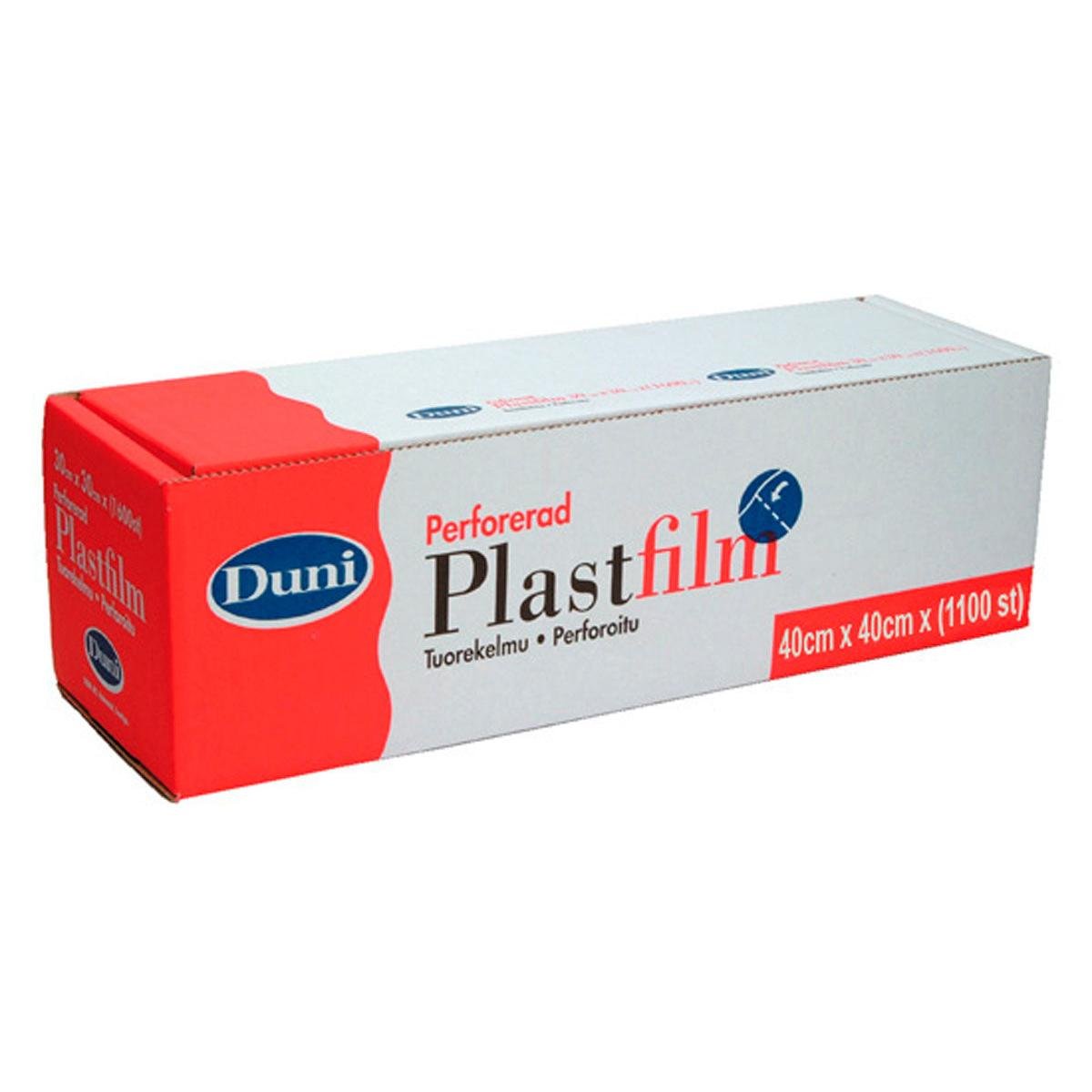En rektangulär låda från Duni GmbH med perforerad plastfolie, märkt på svenska, med röd-vit förpackning och blå logotyp; innehåller en rulle transparent PVC-folie (40cm x 440m, 1100 ark), idealisk för användning inom gastronomi.
