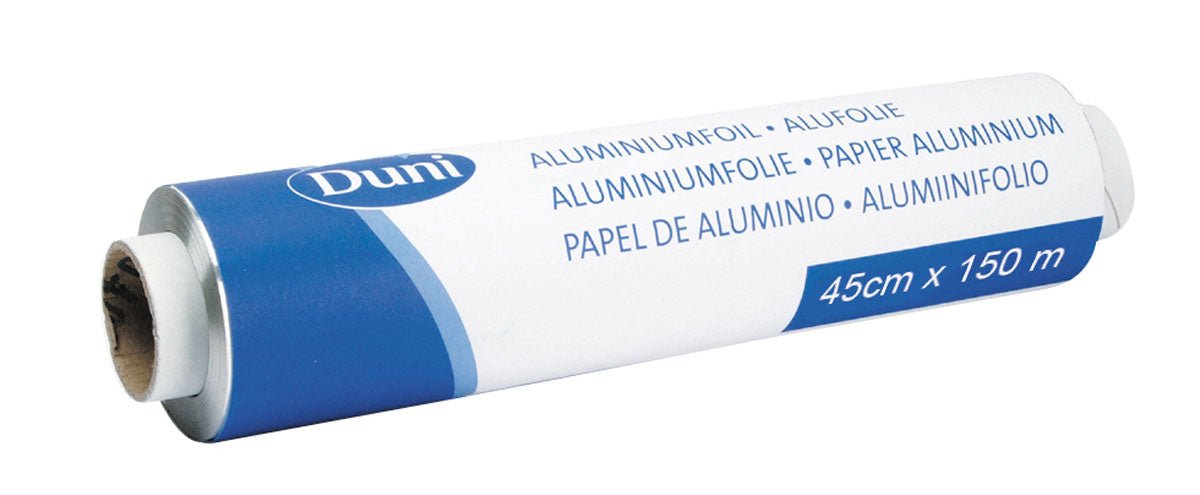 Aluminiumfolien, påfyllningsrulle Silver ALU från Duni GmbH kommer i blå och vit förpackning, är flerspråkigt märkt och mäter 45 cm x 150 m - perfekt för varje kök.