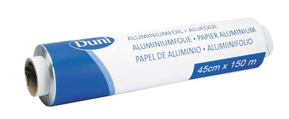 Aluminiumfolien, påfyllningsrulle Silver ALU från Duni GmbH kommer i blå och vit förpackning, är flerspråkigt märkt och mäter 45 cm x 150 m - perfekt för varje kök.