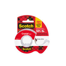 Eine Rolle Scotch® Crystal Klebeband (19mm x 25m) plus 5m GRATIS auf einem Handabroller, von 3M Deutschland GmbH, in einem klaren Spender mit klassischer rot-gelber Verpackung.