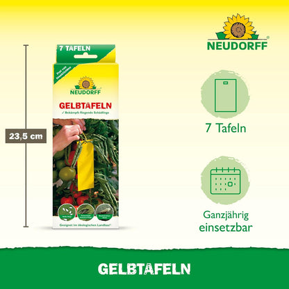 Förpackningen från Neudorff Shop Gulplattor (liten storlek) visar 7 gula klisterfällor (23,5 cm höga) för insektsbekämpning, effektiv mot bevingade bladlöss och vita flygare, med piktogram/text som anger året runt-användning.