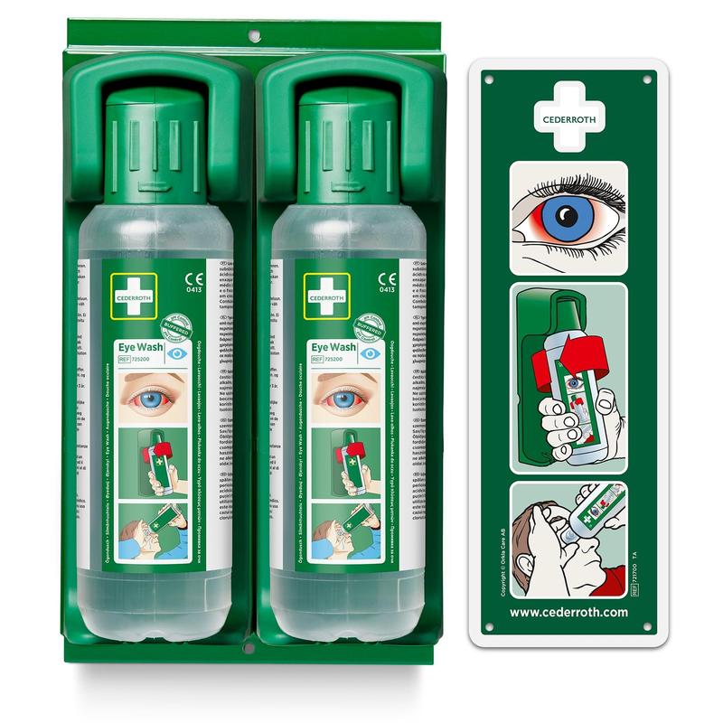 Die Orkla Wound Care AB Wandhalterung hält zwei 500-ml-Augenspülflaschen und enthält ein im Dunkeln leuchtendes Hinweisschild, das zeigt, wie die Flaschen für die Augenspülung zu verwenden sind. Die Packung enthält 1 Halterung und ein Hinweisschild.