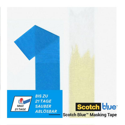 En blå remsa ScotchBlue™ målartejp för skarpa linjer från 3M Deutschland GmbH har formen av en "1" bredvid en beige maskeringstejp med ojämn kant. Bilden visar logotyper och en tysk text om 21-dagars ren borttagning.