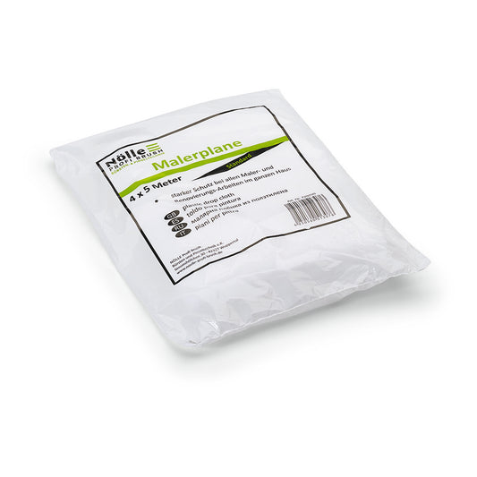 Abgebildet ist eine versiegelte Nölle Profi Brush Malerplane 4x5 m (11 my), strapazierfähig für Malerarbeiten, 1 Stück, von Nölle Profi Brush Bürsten- & Pinseltechnik e.K., mit Etikett, Symbolen & Barcode, auf weißem Hintergrund.