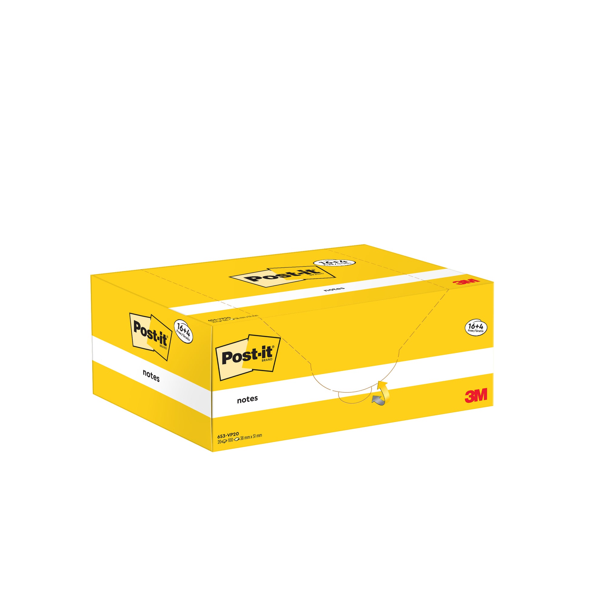 Abgebildet ist eine gelb-weiße Schachtel mit Post-it® Notes der 3M Deutschland GmbH. Die Packung enthält 16 Blöcke plus 4 freie (38 mm x 51 mm, je 100 Blatt), ist PEFC-zertifiziert und zeigt das Post-it-Logo auf weißem Hintergrund.