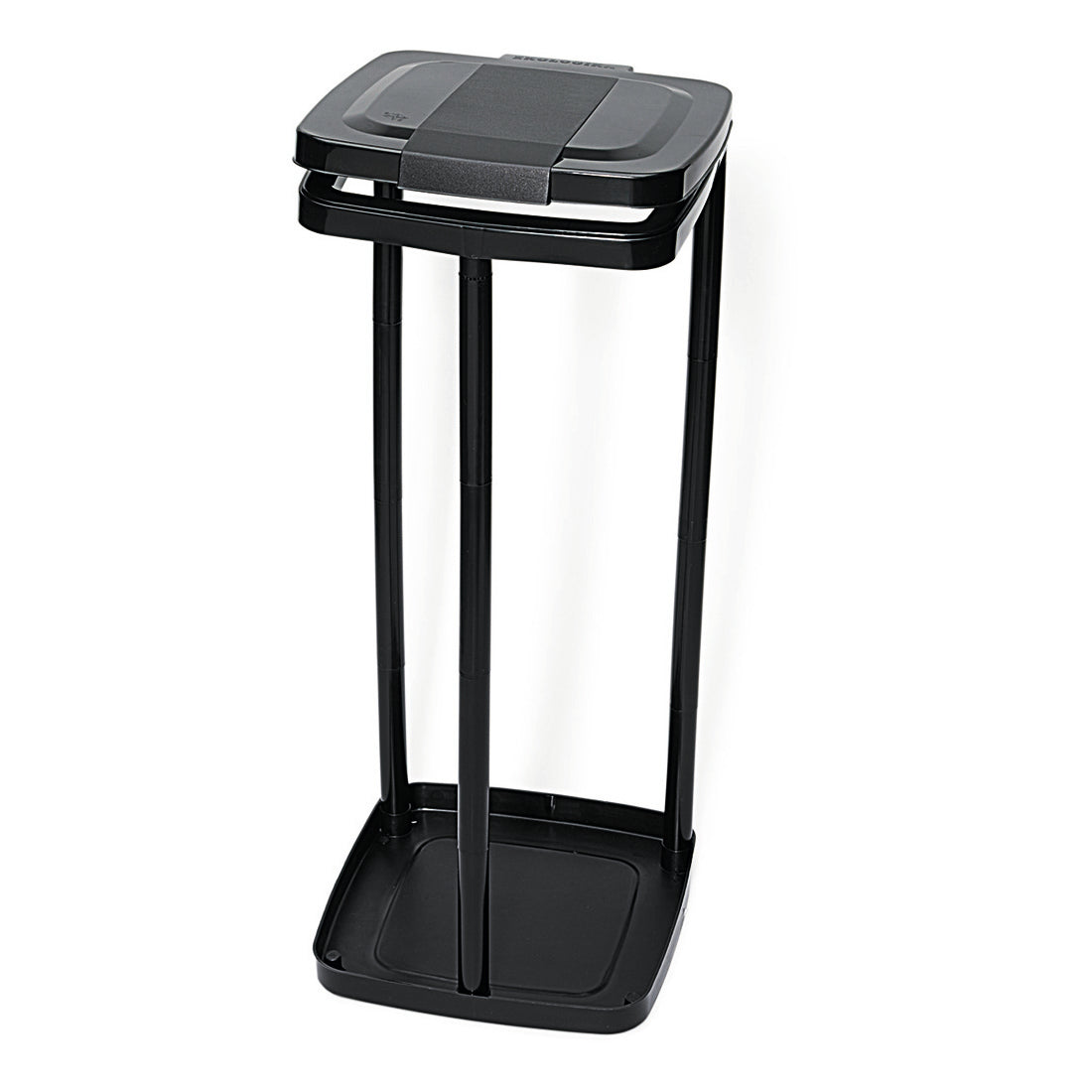 Der Nölle Profi Brush Abfallsack-Ständer für 120 Liter Säcke, schwarz, von Nölle Profi Brush Bürsten- & Pinseltechnik e.K. verfügt über einen schwarzen, offenen Rahmen mit quadratischer Grundfläche, vier vertikale Stangen und einen aufklappbaren Deckel zur bequemen Abfallsammlung.