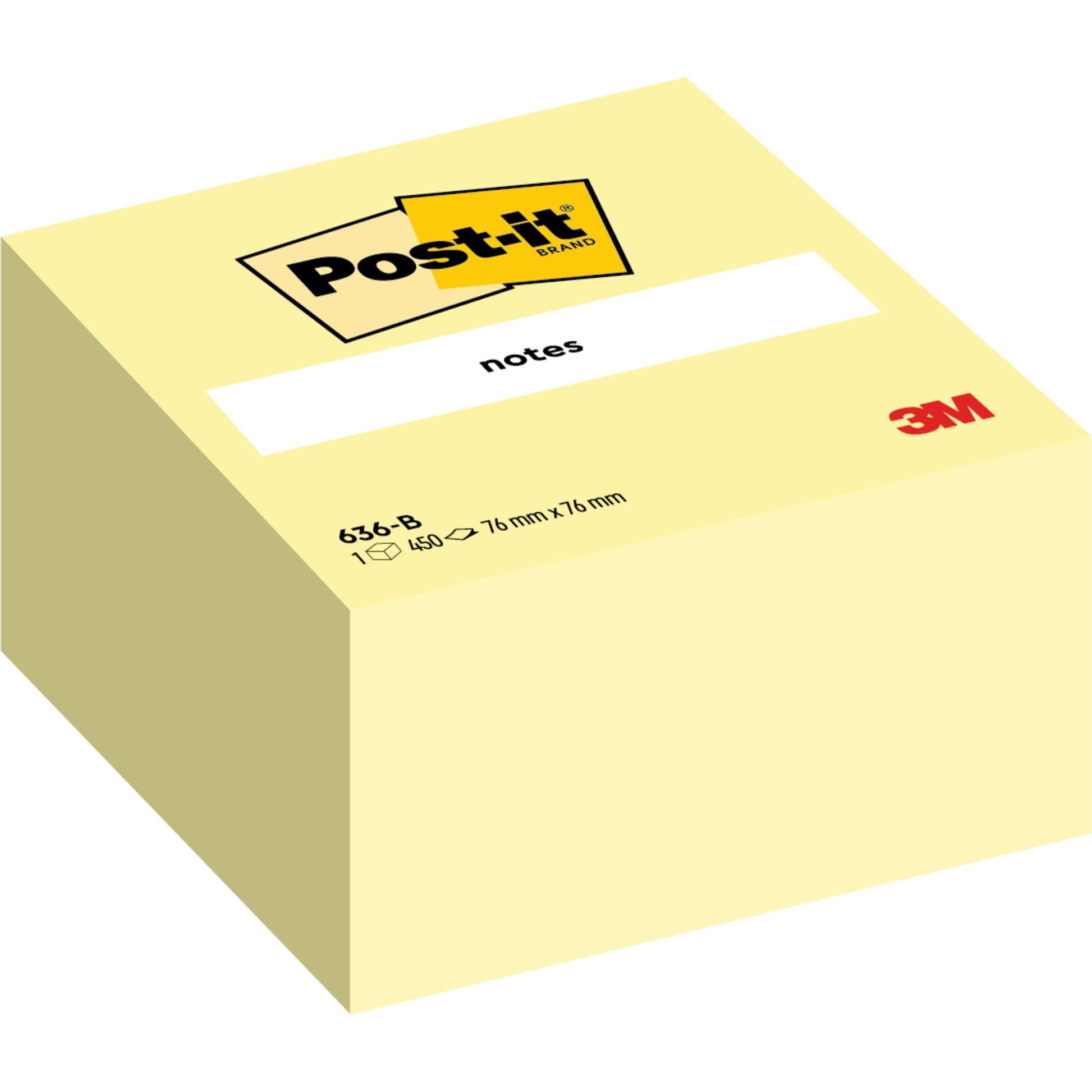 Ein Stapel gelber Post-it® Notes Würfel 636-B, 76 mm x 76 mm, 450 Blatt, von 3M Deutschland GmbH. Verpackung zeigt Logo und Produktinformationen. Enthält 1 Block aus 100% PEFC-zertifiziertem Papier.
