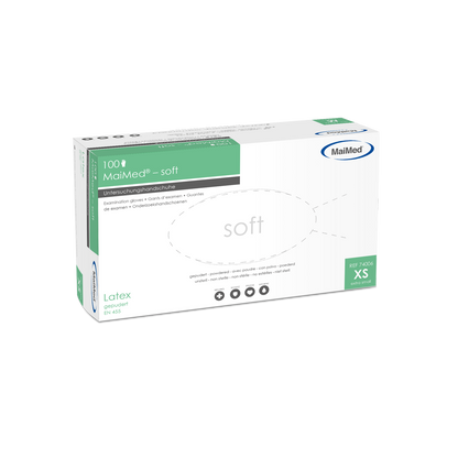 MaiMed-mjuka latexundersökningshandskar, osterila, pulveriserade, 100 st/kartong