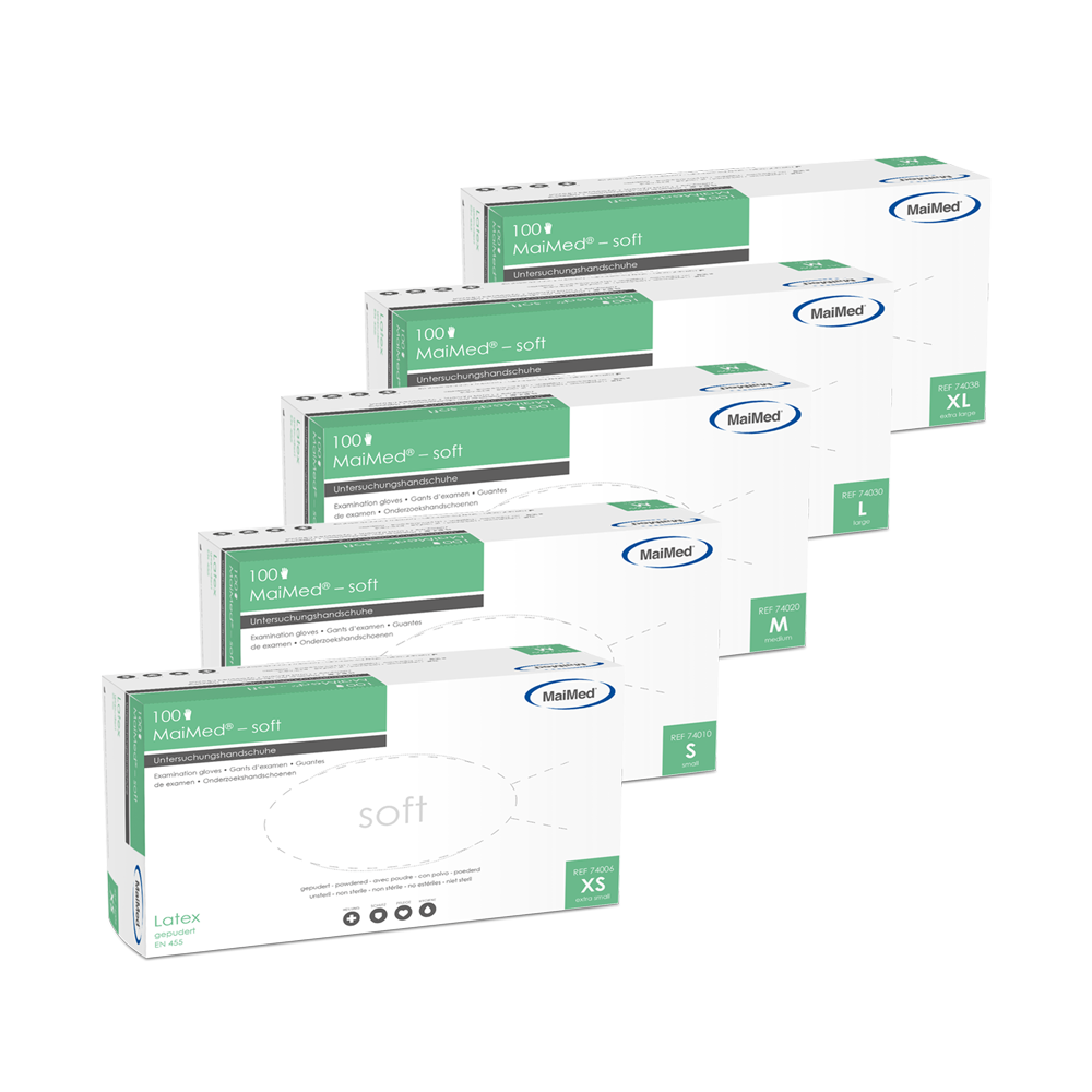 MaiMed-mjuka latexundersökningshandskar, osterila, pulveriserade, 100 st/kartong
