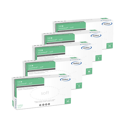 MaiMed-mjuka latexundersökningshandskar, osterila, pulveriserade, 100 st/kartong