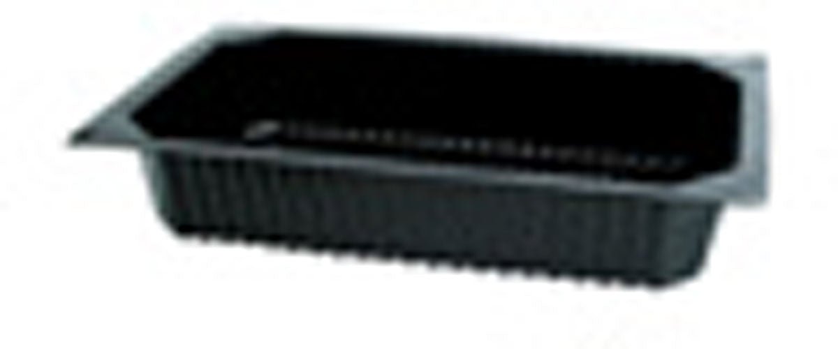 Duni GmbH PP-skål 1/4 GN svart är en svart serveringsbricka med räfflade sidor och platt kant, perfekt för buffépresentation inom gastronomi, avbildad på vit bakgrund.