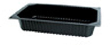 Duni GmbH PP-skål 1/4 GN svart är en svart serveringsbricka med räfflade sidor och platt kant, perfekt för buffépresentation inom gastronomi, avbildad på vit bakgrund.