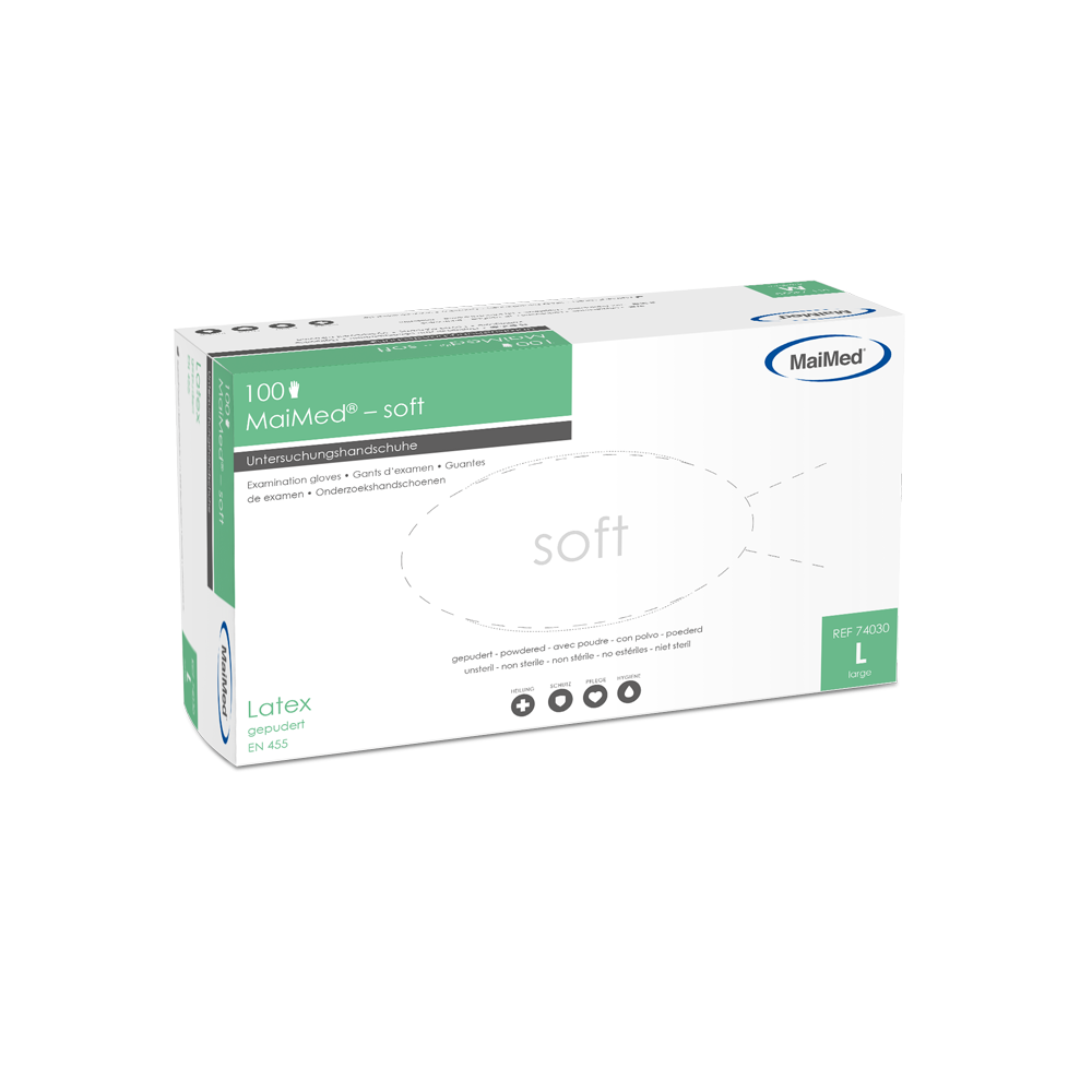 MaiMed-mjuka latexundersökningshandskar, osterila, pulveriserade, 100 st/kartong